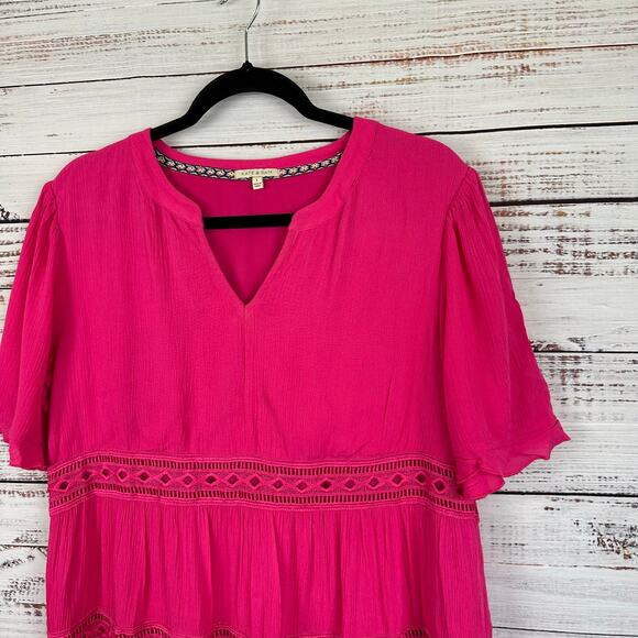 Women's Kate Sam Bright Pink Flowy Boho Tiered Ruffle Eyelet Midi Dress Size L - Picture 4 of 7